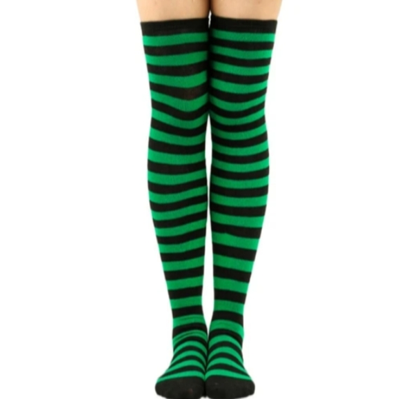 Over the Knee Striped Socks Green and Black OTK Cute Thigh High Tights Funky New - Picture 1 of 8